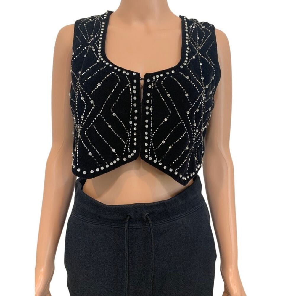 Zara XS velvet rhinestone studded beaded crop top vest TS 3374